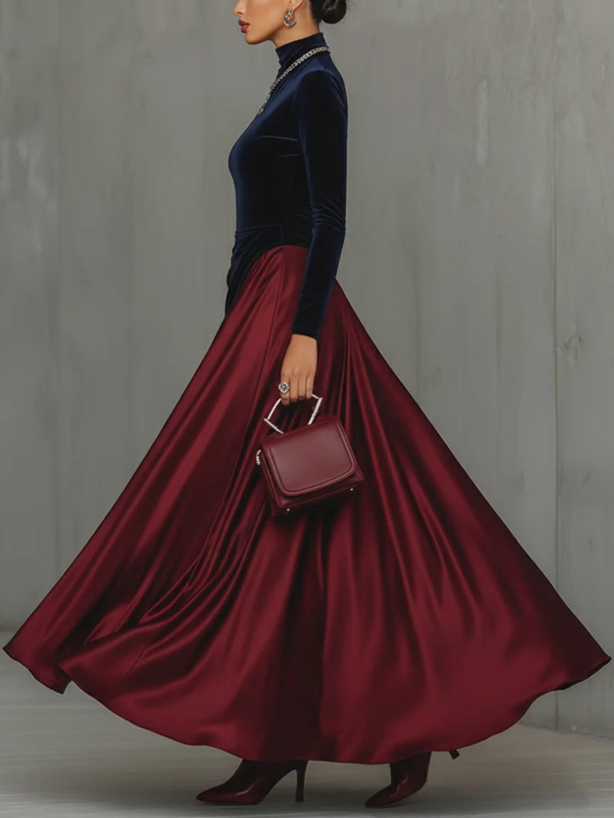 Abito maxi elegante in velluto e raso a blocchi di colore
