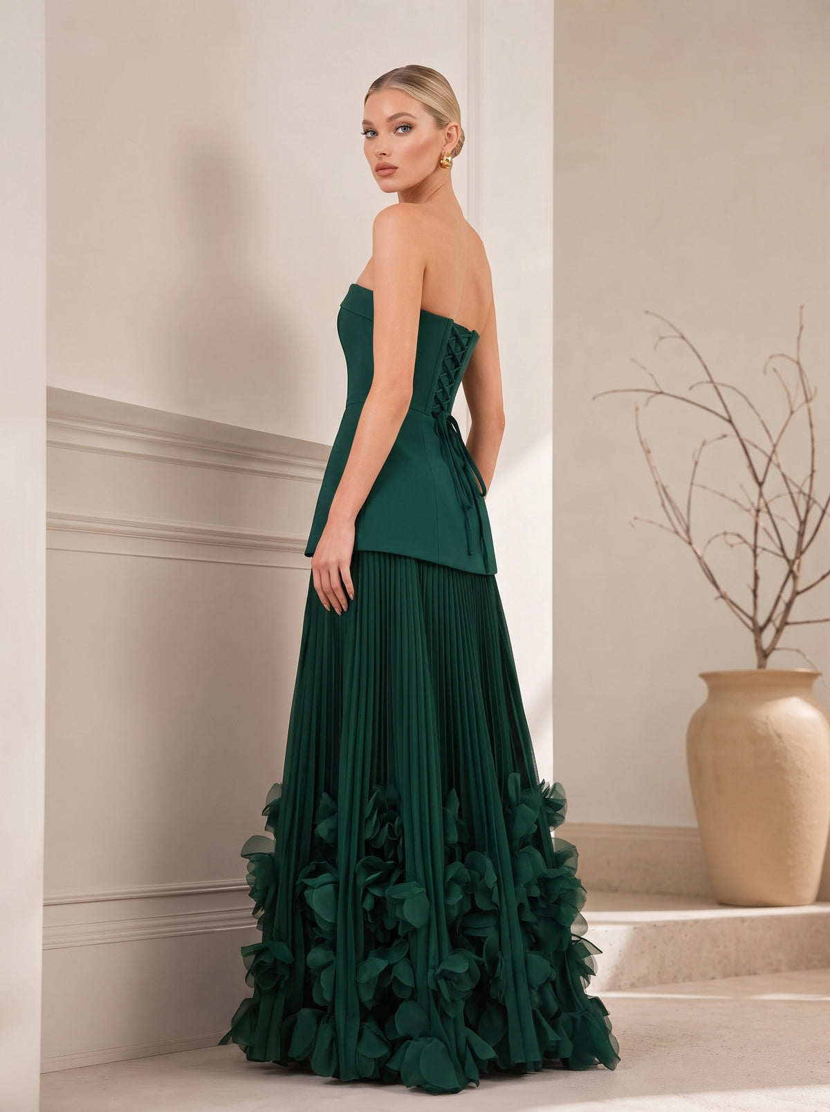Strapless Fitted Bodice Pleated Maxi Gown With 3D Floral Hem