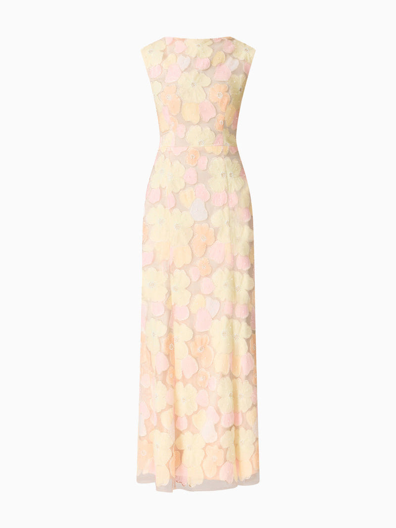Elegante abito lungo in tulle a rete con stampa floreale pastello