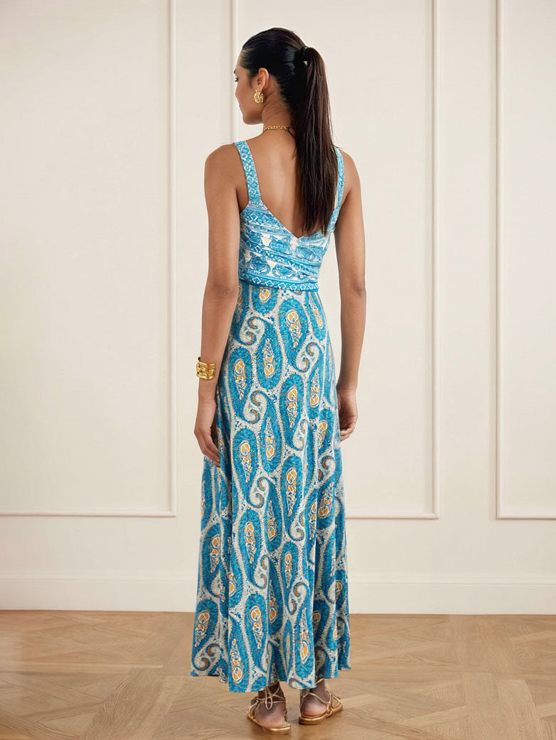 Exquisite Paisley Print Square Neck Maxi Dress