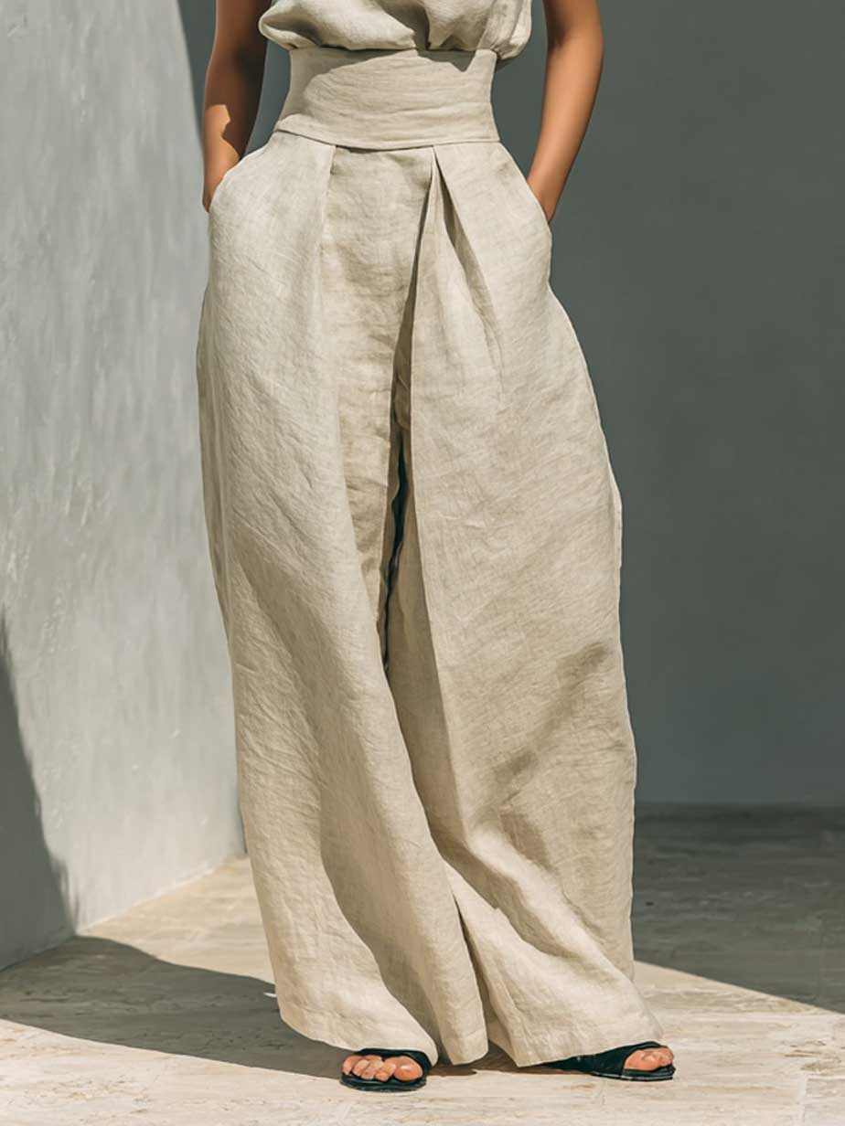 Elegante completo a due pezzi in lino con top a collo alto e pantaloni a gamba larga