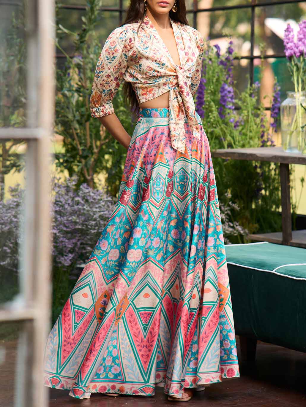 Bohemian Geometric Print Tie-Front Top & Skirt Two-Piece Set