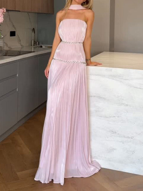 Elegantes plissiertes trägerloses Maxikleid mit Strass-Trägern