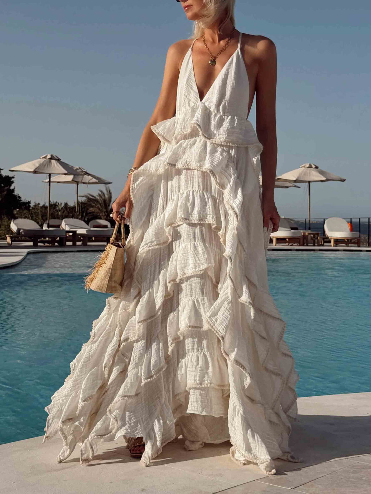 Vestido largo bohemio de playa con volantes en capas