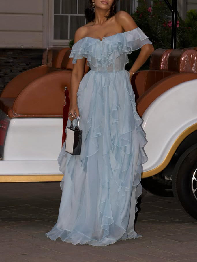 Elegantes schulterfreies Maxikleid aus Chiffon mit Rüschen