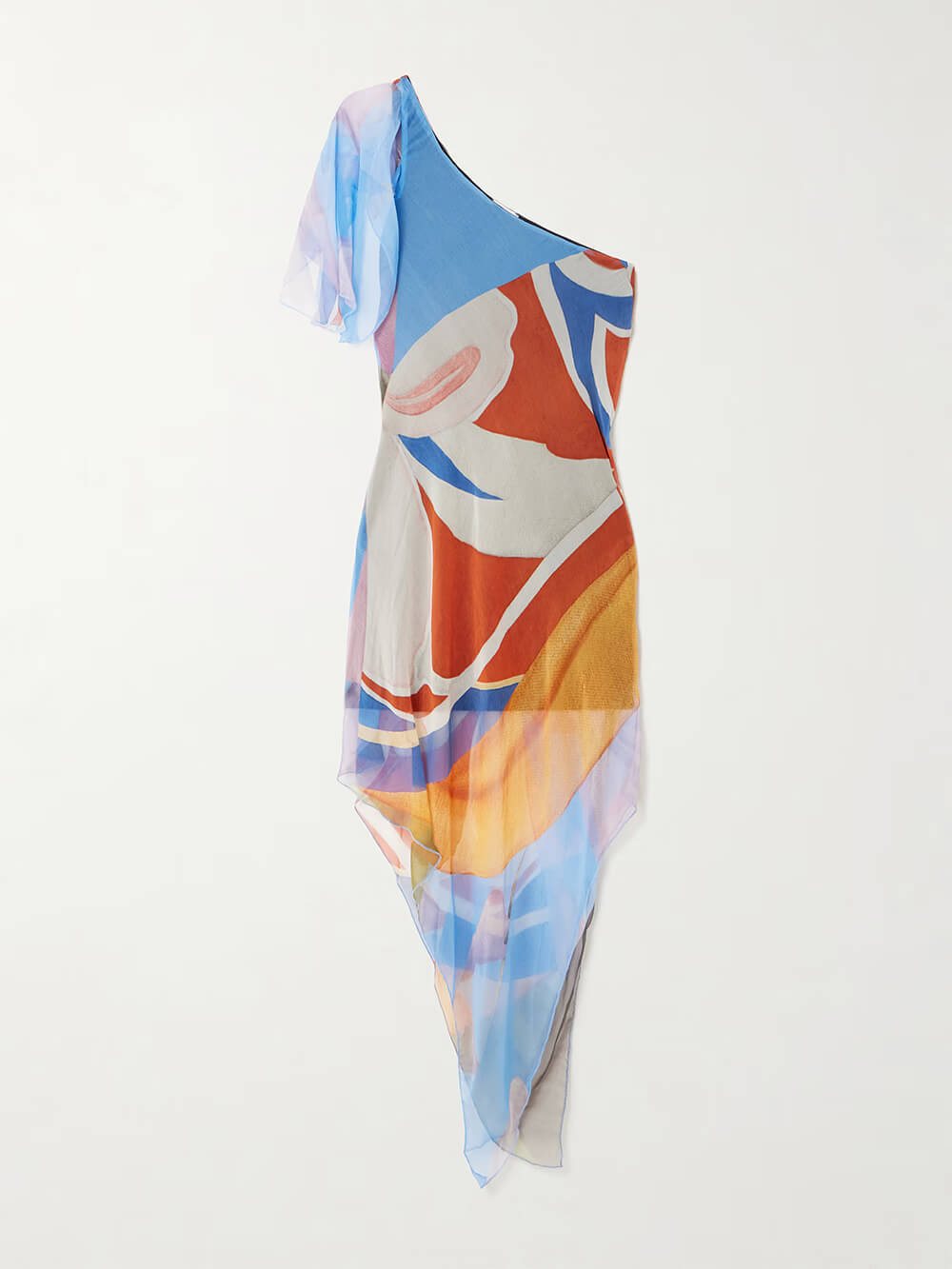 Abito midi asimmetrico monospalla in chiffon stampato