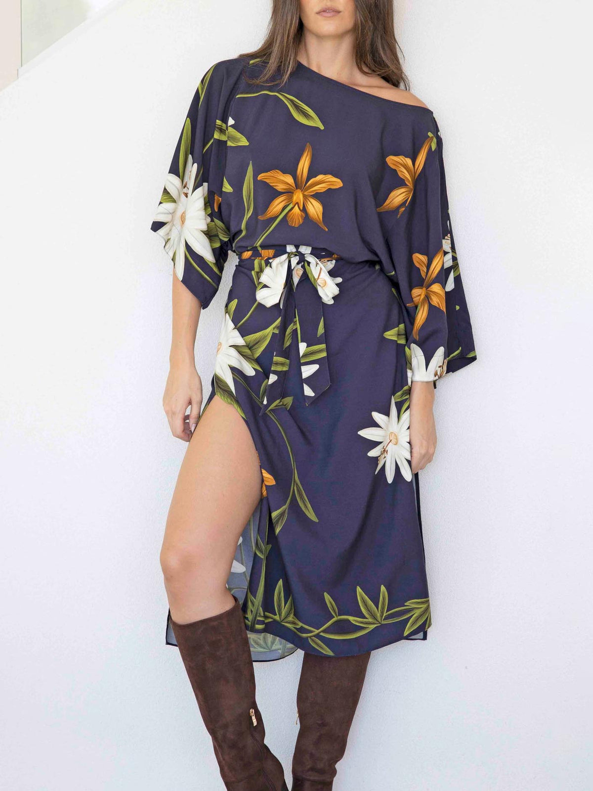 Elegant Floral Print One-Shoulder Tie-Waist Slit Midi Dress