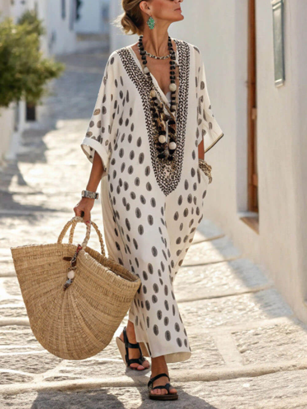 Bohemian Polka Dot Kimono Maxi Dress