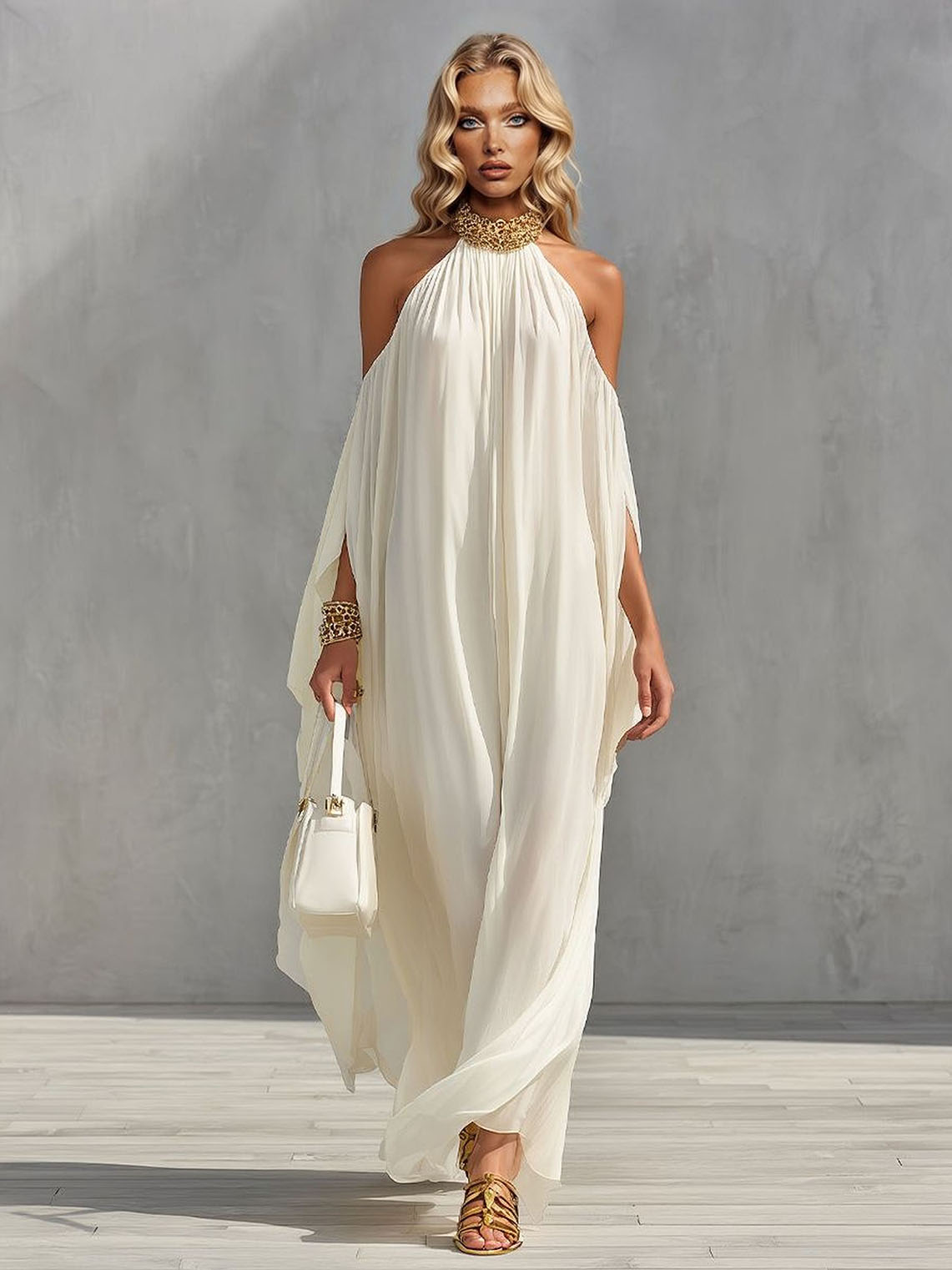 Elegante abito lungo ampio con scollo a spalle scoperte