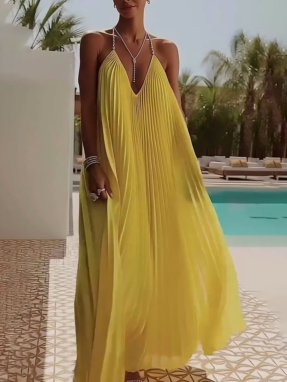 Elegant Pleated V-Neck Backless Chiffon Maxi Dress