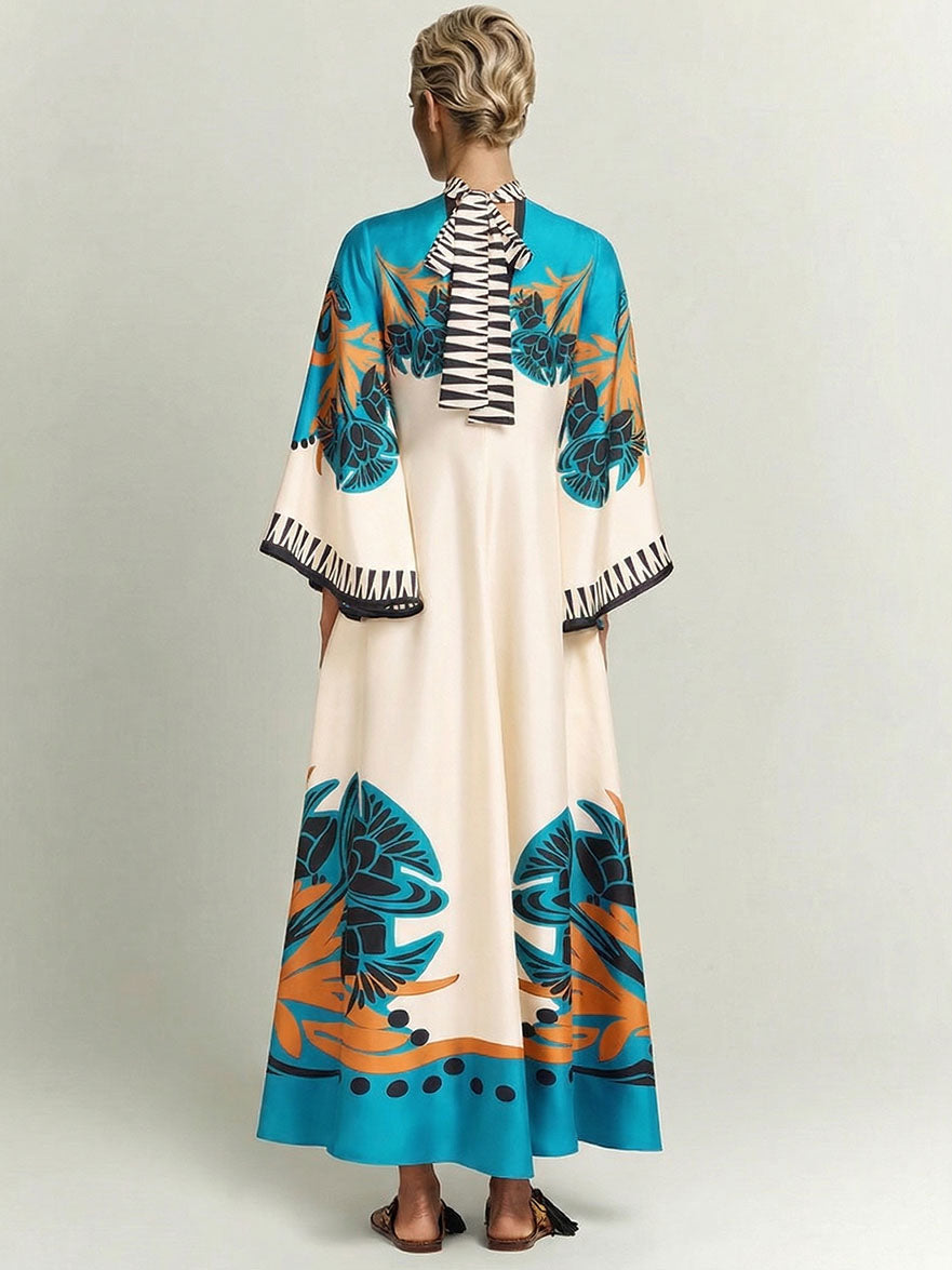 Raffiniertes fließendes Vintage-Maxikleid aus Satin mit Blumendruck
