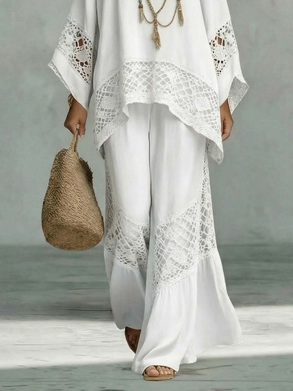 Casual completo a due pezzi con top kaftano ampio in pizzo all'uncinetto