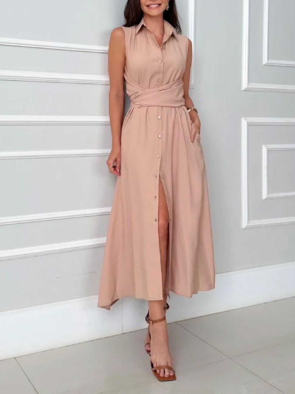 Abito midi elegante doppiopetto con cintura da annodare