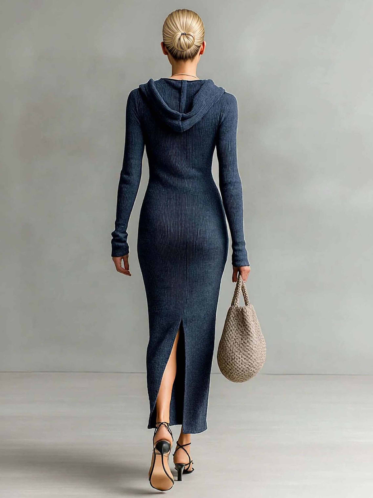Vestido comprido casual de malha, justo e com capuz