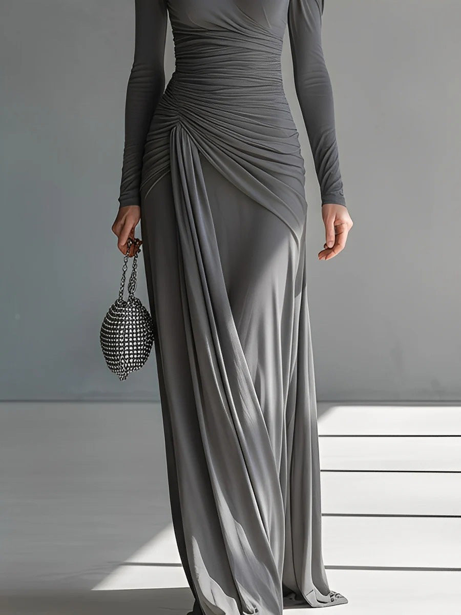 Vestido largo casual de tejido sedoso elástico, plisado y con abertura