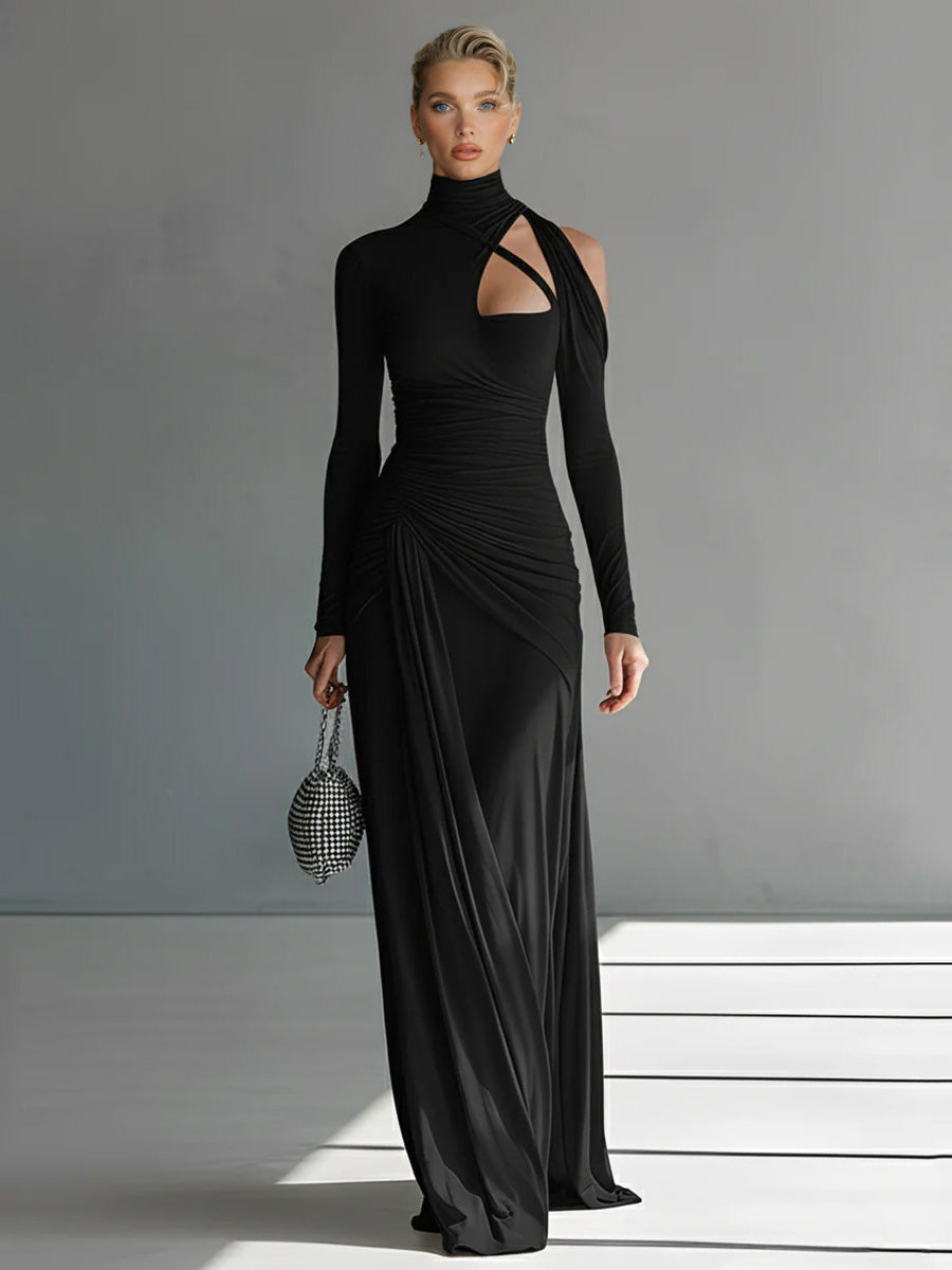 Vestido largo casual de tejido sedoso elástico, plisado y con abertura