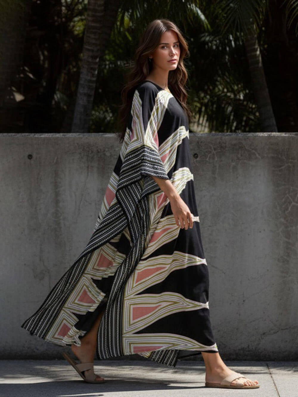 Retro Puzzle Print Kimono Beach Maxi Dress