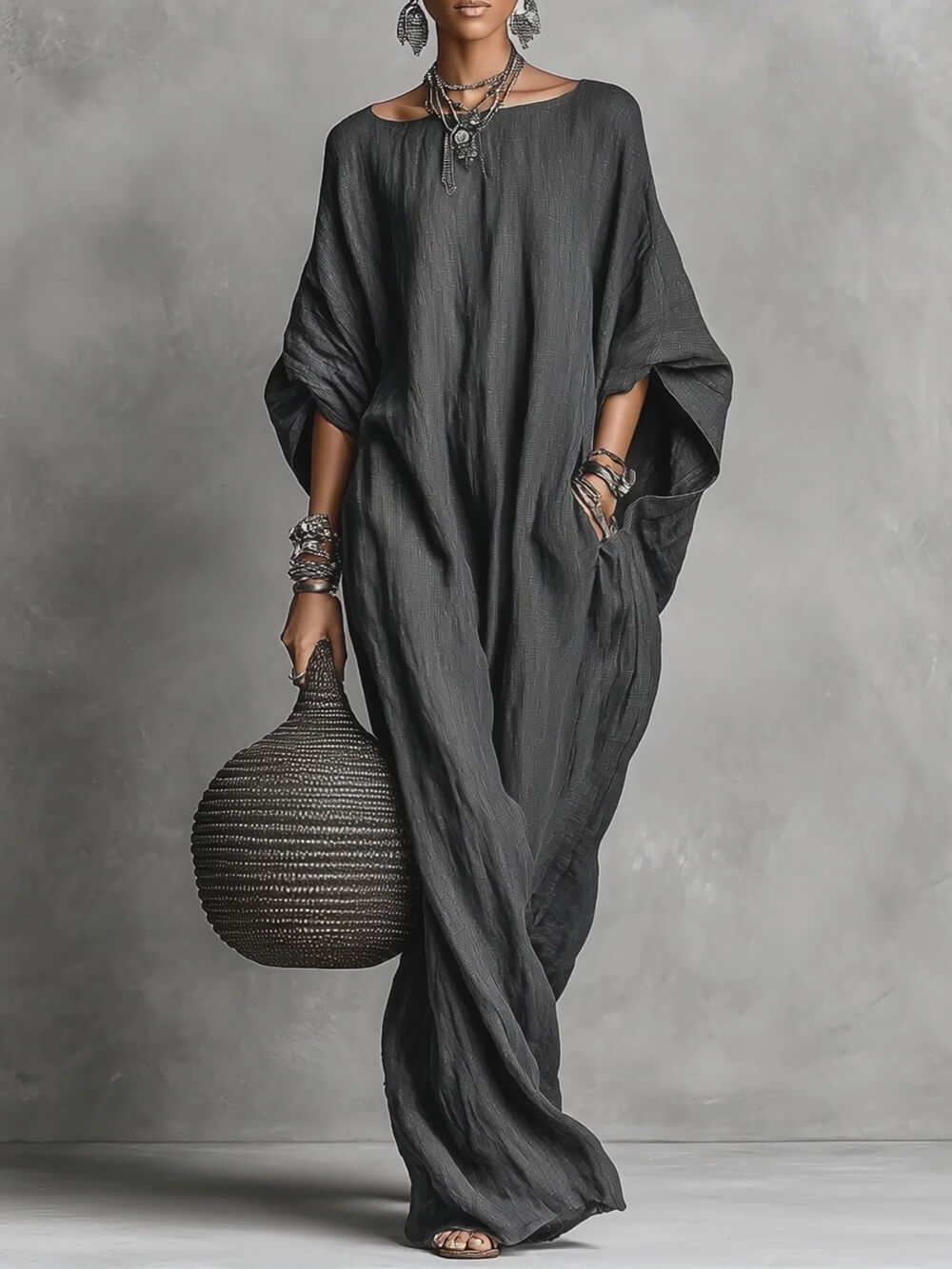 Vestido maxi casual e largo de linho com mangas morcego