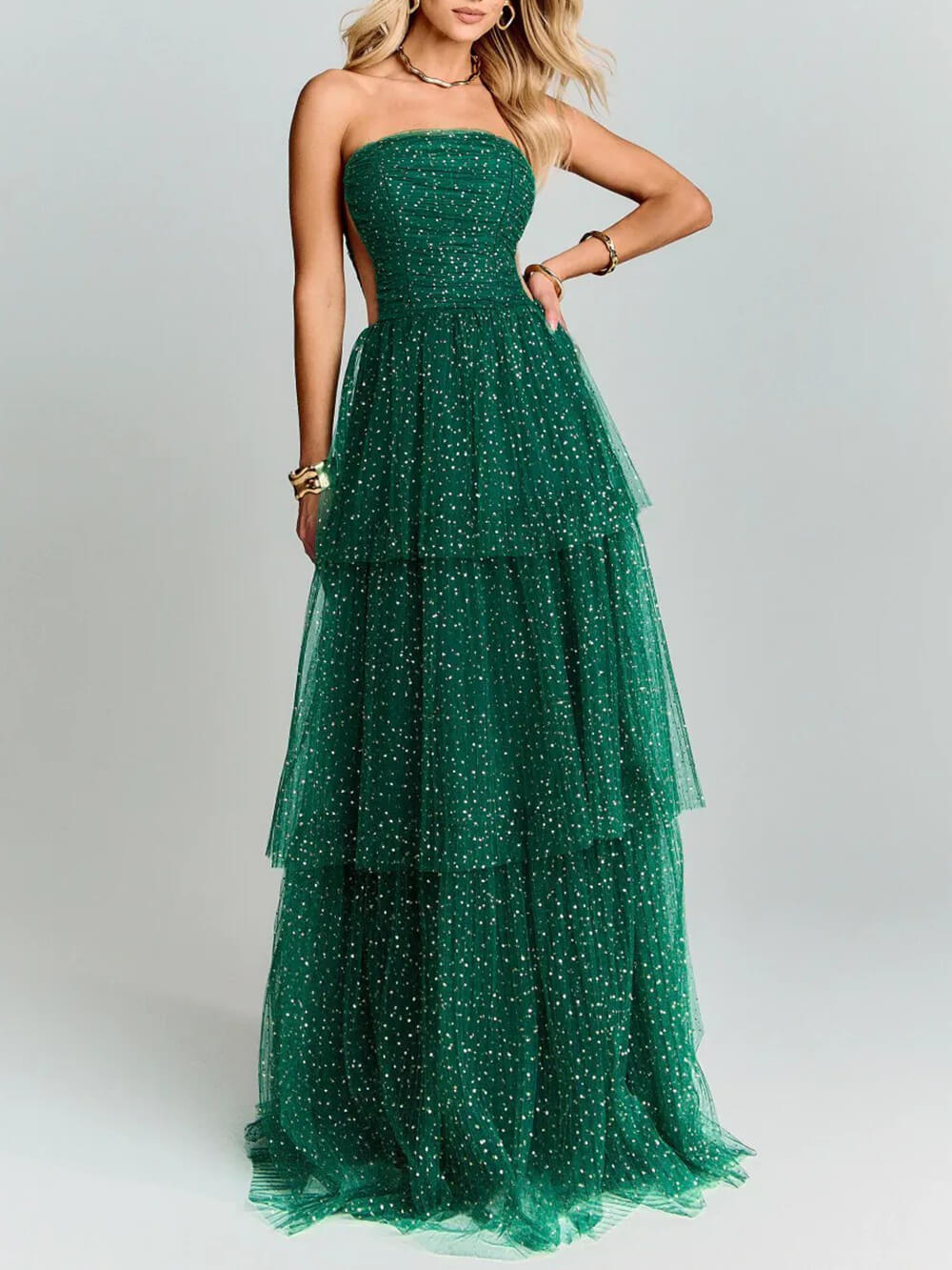 Elegante maxiabito da festa in tulle a strati verde a pois