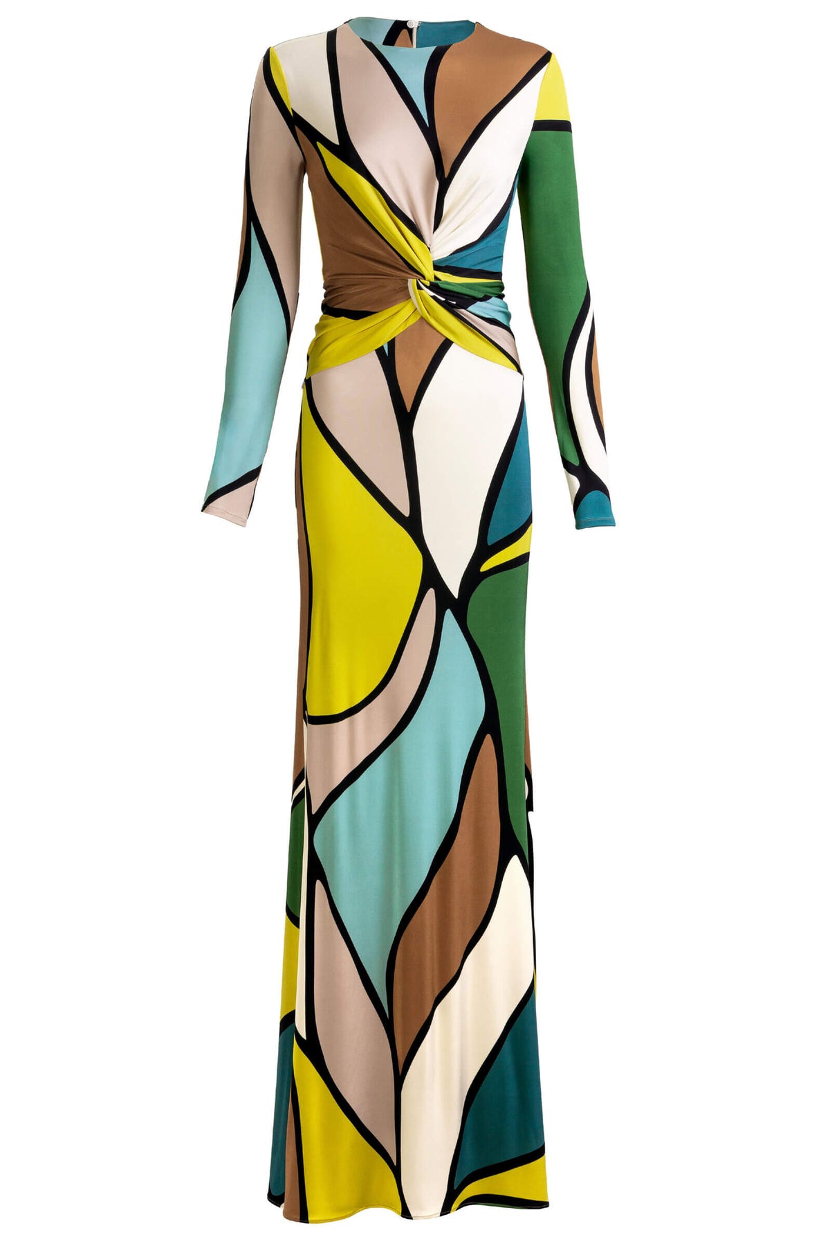 Robe longue rétro à imprimé géométrique et détail torsadé