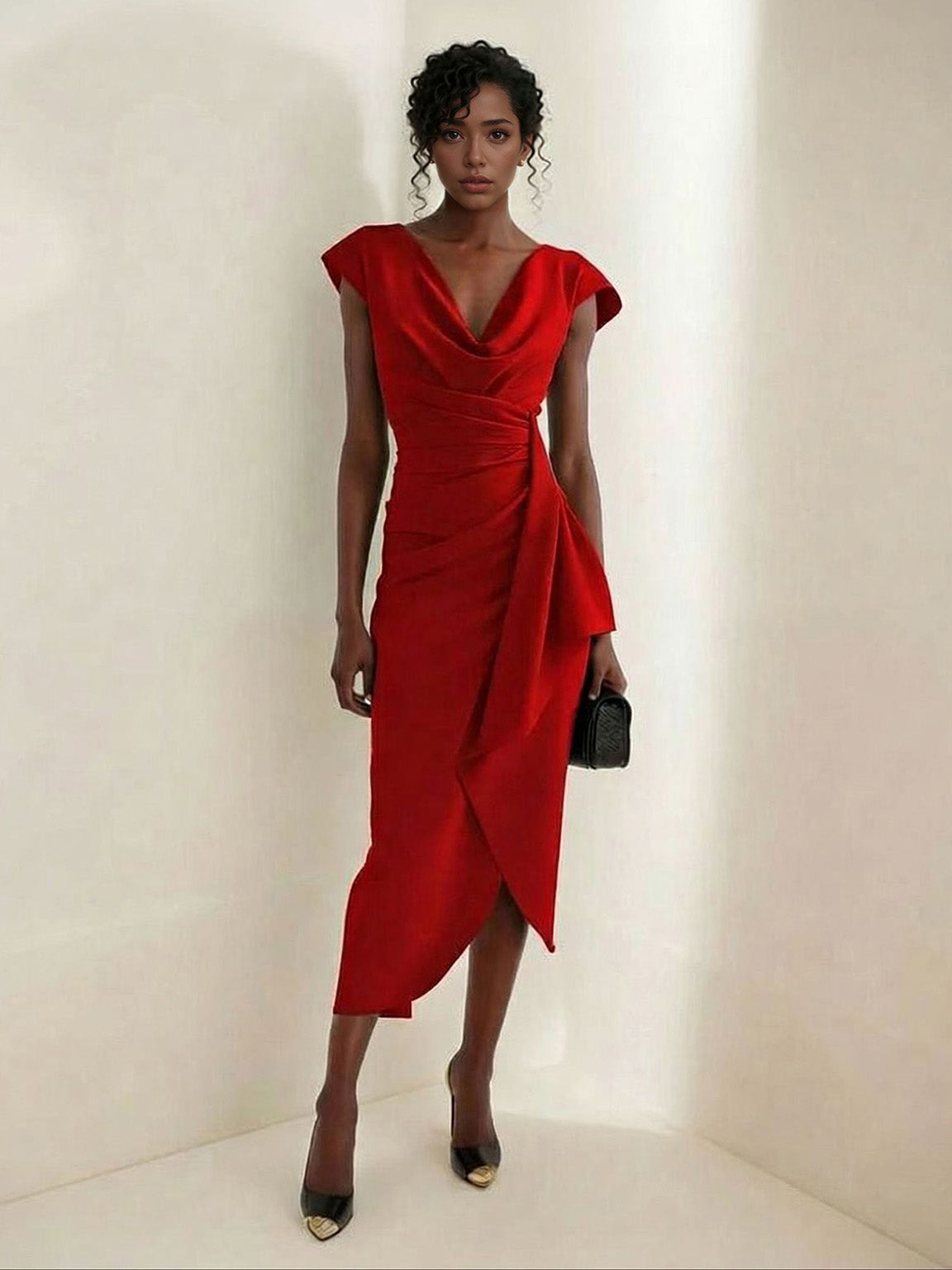 Abito midi elegante aderente con scollo drappeggiato