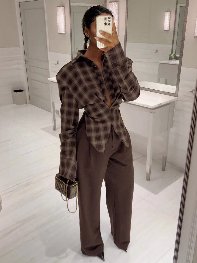 Chemise vintage raffinée à manches longues et à carreaux
