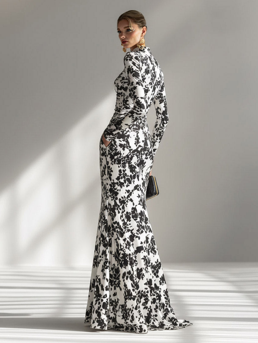 Robe longue décontractée à imprimé abstrait, col montant, plis et coupe sirène