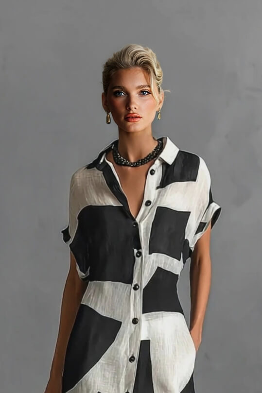 Exquisite Irregular Geometric Print Lapel Single-Breasted Short-Sleeved Maxi Shirt Dress