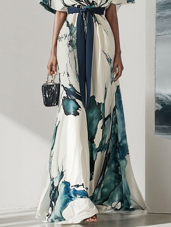 Elegant Watercolor Print V-Neck Flowing Maxi Dress