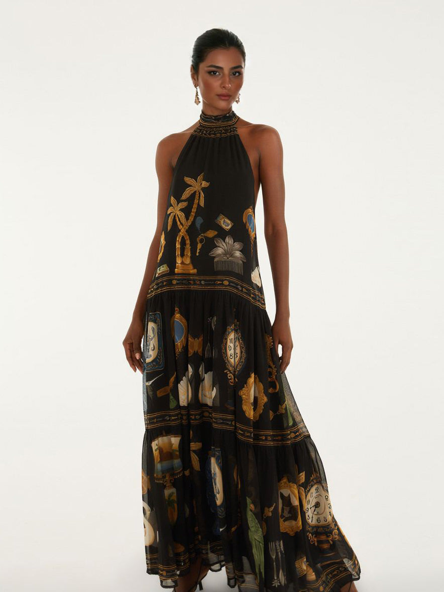 Retro-Maxikleid mit Kunstdruck, rückenfrei und in Lagenoptik
