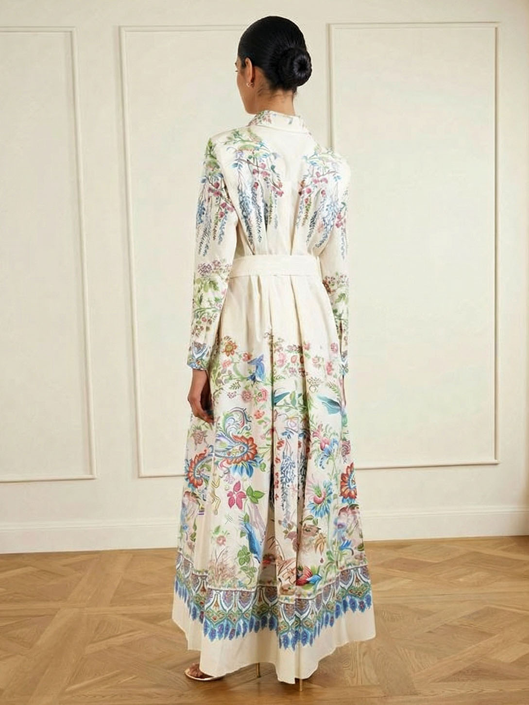 Exquisites bedrucktes Hemd-Maxikleid mit langen Ärmeln