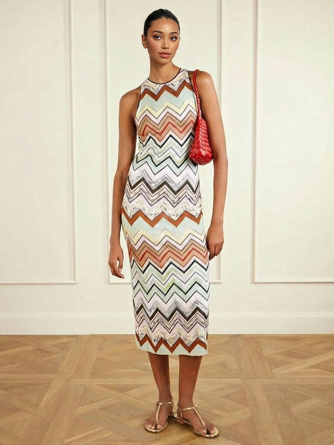 Elegante abito midi senza maniche con stampa geometrica a zigzag