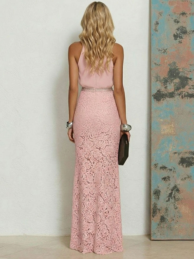 Elegantes Chiffon-Maxikleid mit Spitze, rückenfrei und im Meerjungfrauen-Schnitt
