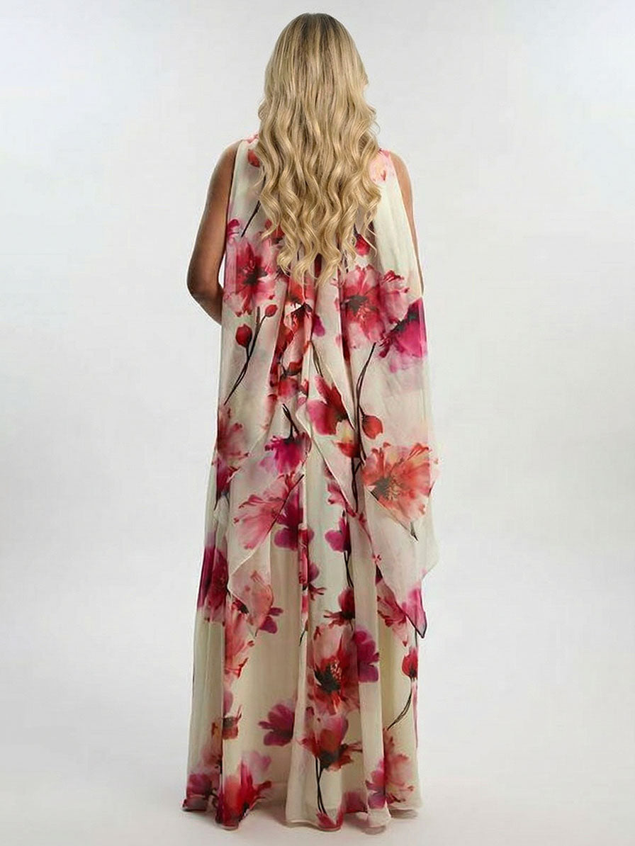 Elegante abito lungo in chiffon con stampa floreale ad acquerello e schiena scoperta
