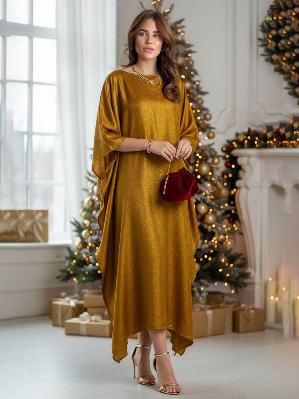 Abito kimono lungo in raso stile boho