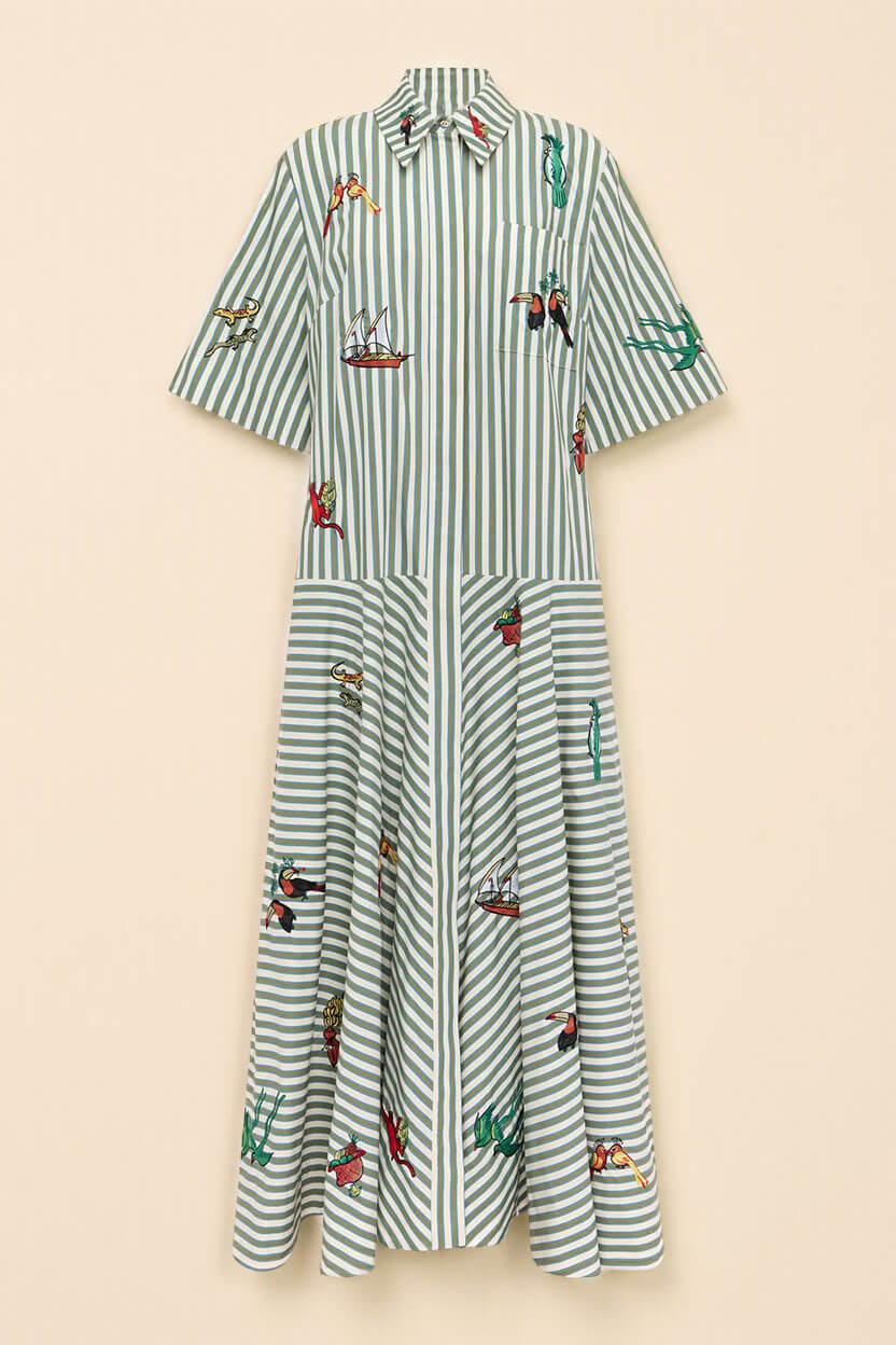 Classic Striped Button-Front Tie-Waist A-Line Maxi Shirtdress