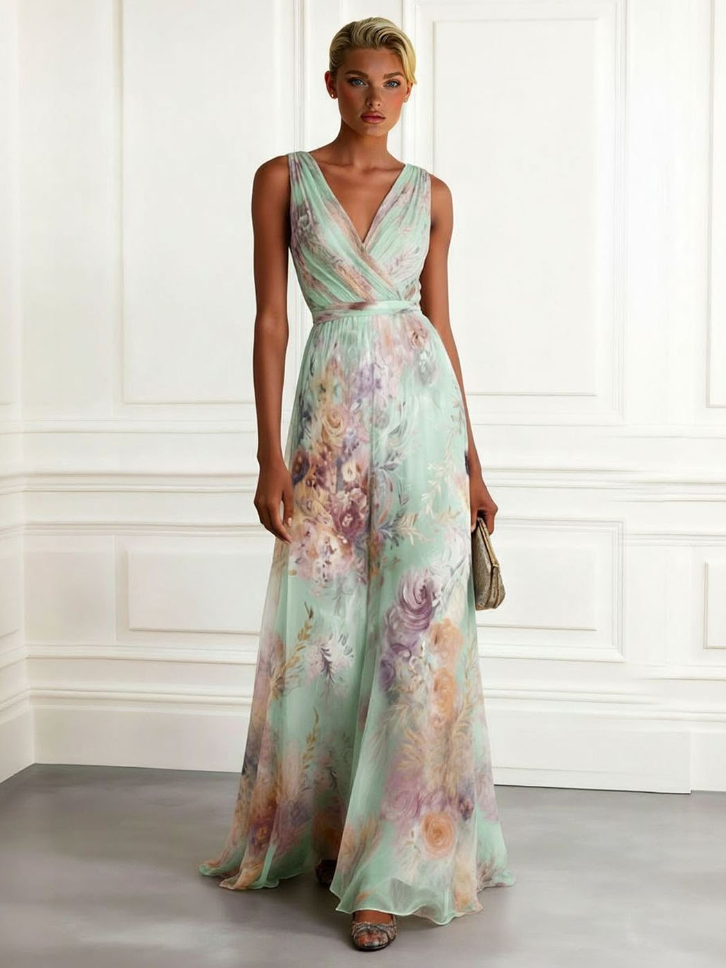 Maxi abito elegante in chiffon senza maniche, con scollo a V e stampa floreale