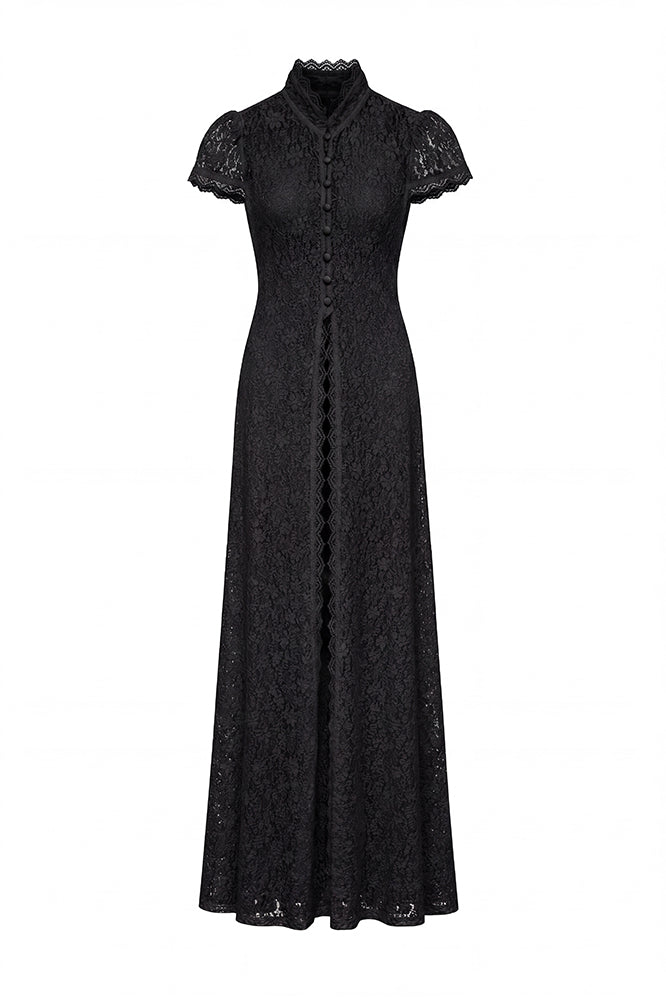 Conjunto negro de encaje de dos piezas - Top de cuello alto y mangas abullonadas