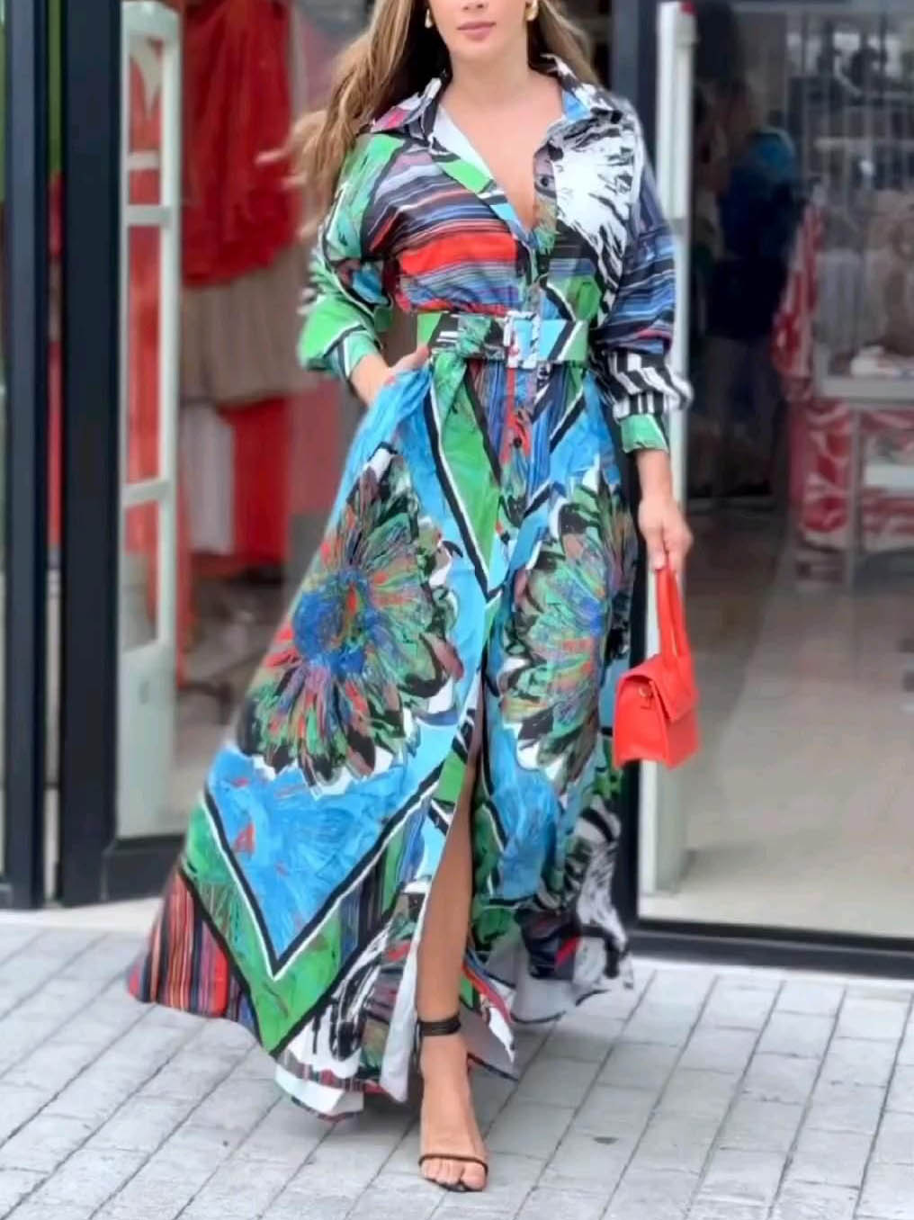 Abstract Print Belted Long Sleeve Slit Maxi Dress