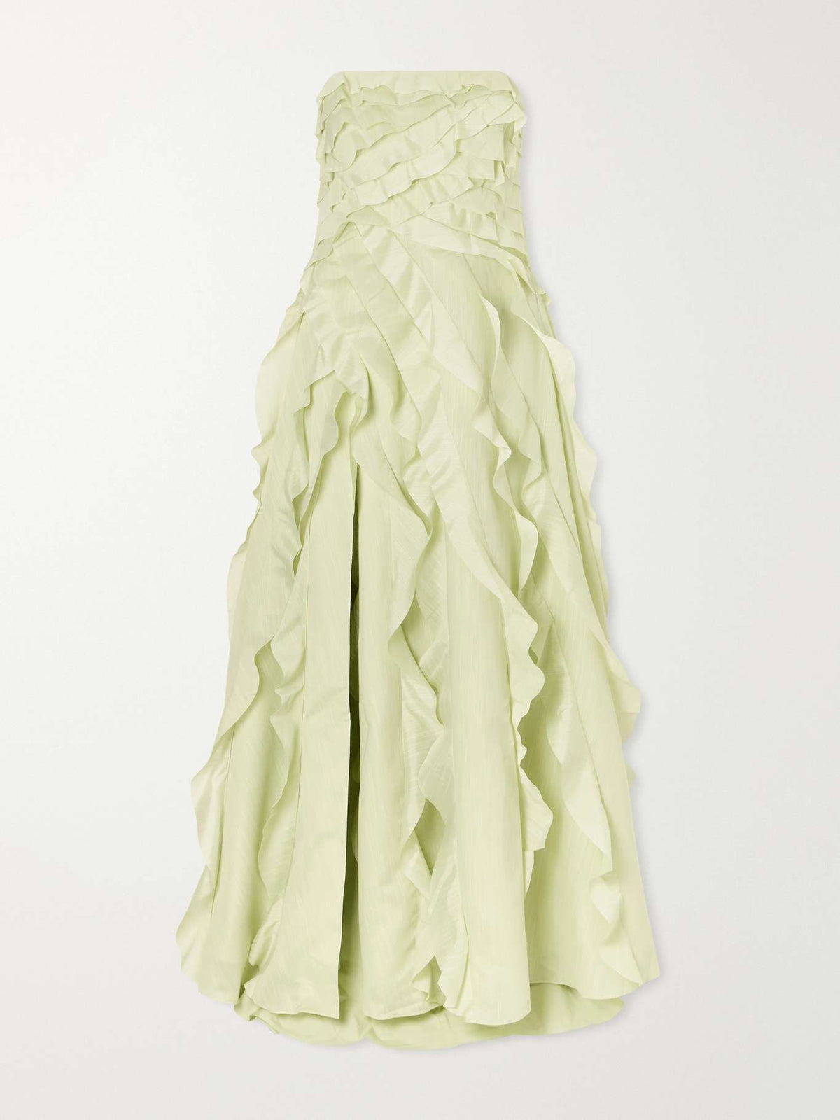Trägerloses Maxikleid mit Kaskadenrüschen und hohem Schlitz