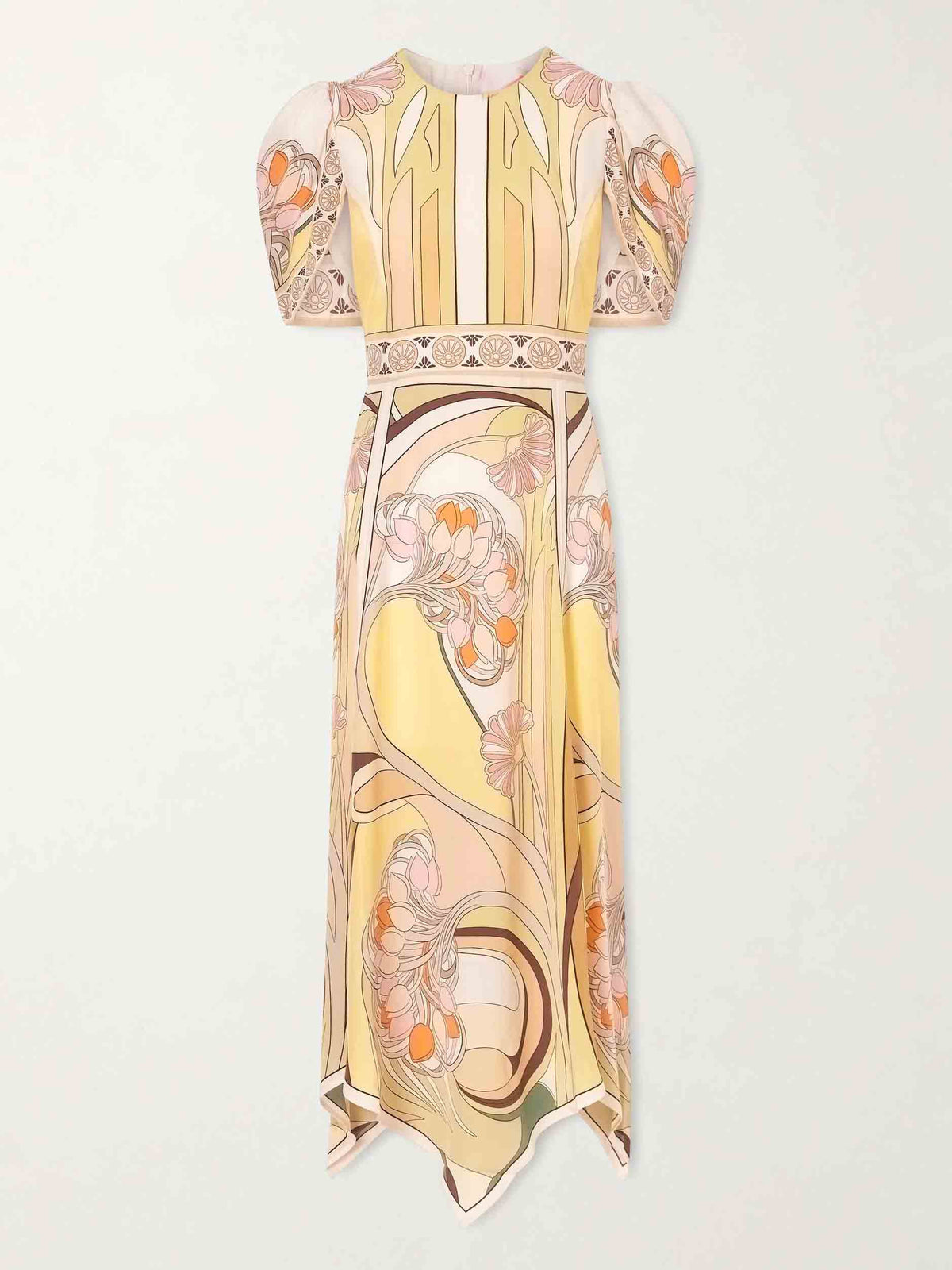 Vestido midi elegante de estilo vintage con estampado floral, mangas abullonadas y bajo asimétrico