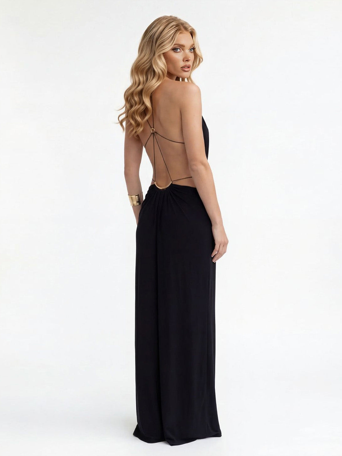 Robe longue sexy drapée en dentelle, à lacets, dos nu, avec chaîne métallique et découpes