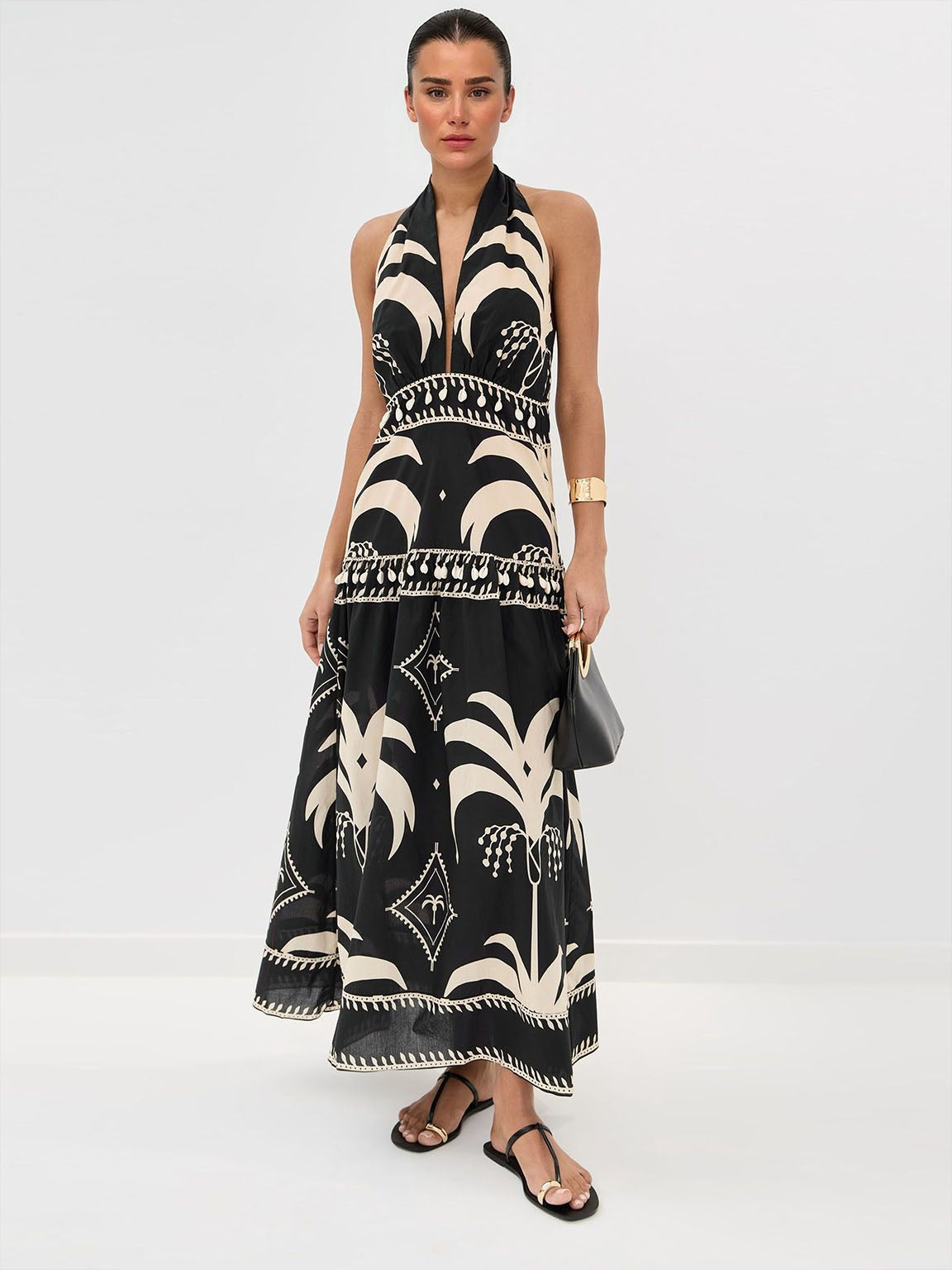 Retro Palm Leaf Print Halter Neck Maxi Dress