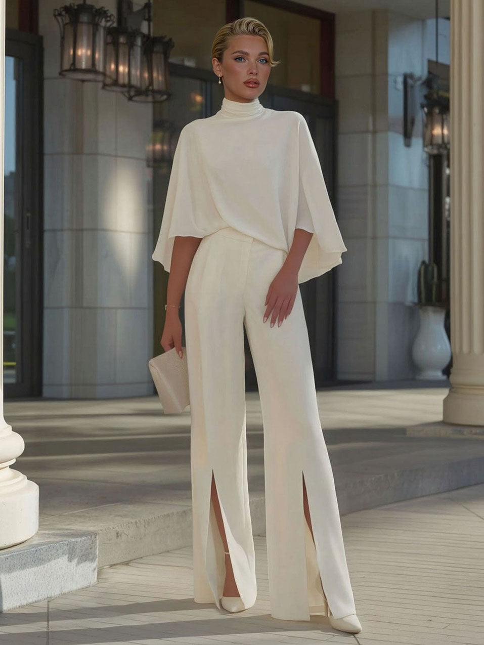 Set minimalista con pantaloni a gamba larga a vita alta con spacco e top