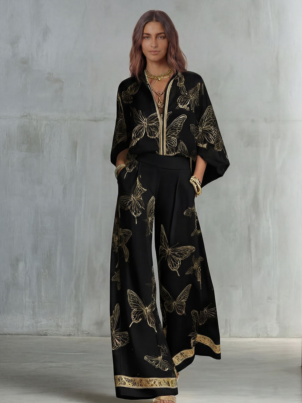 Elegant Butterfly Print Wide-Leg Pants