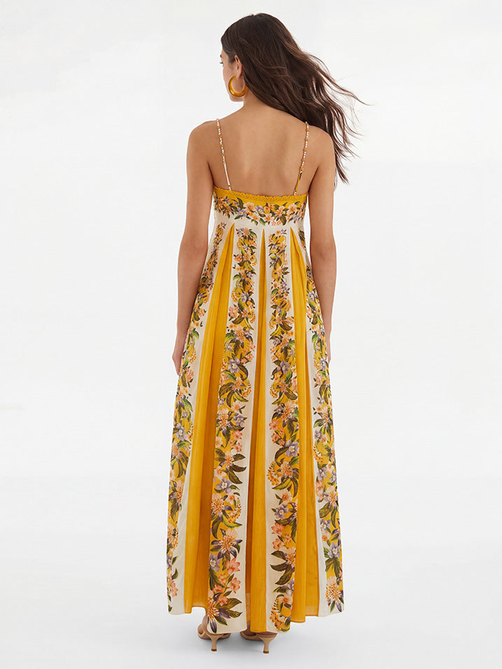 Robe longue bohème à imprimé floral tropical et bretelles perlées