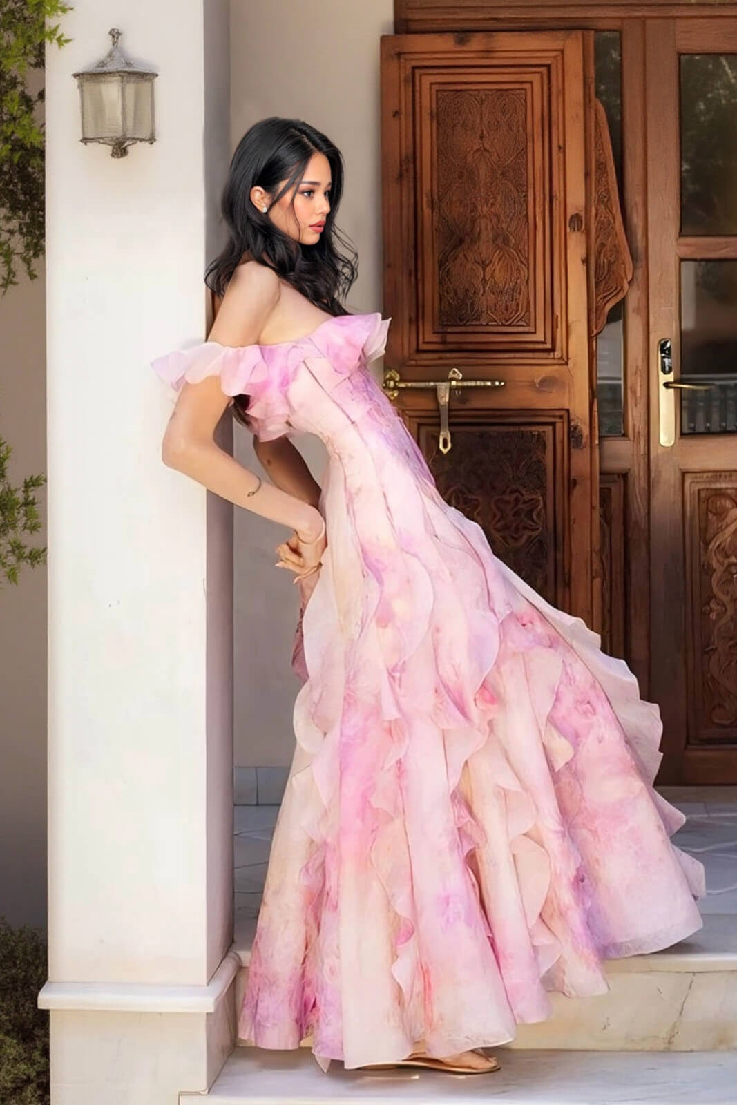 Vestido maxi de férias casual, com alças, estampado floral e folhos