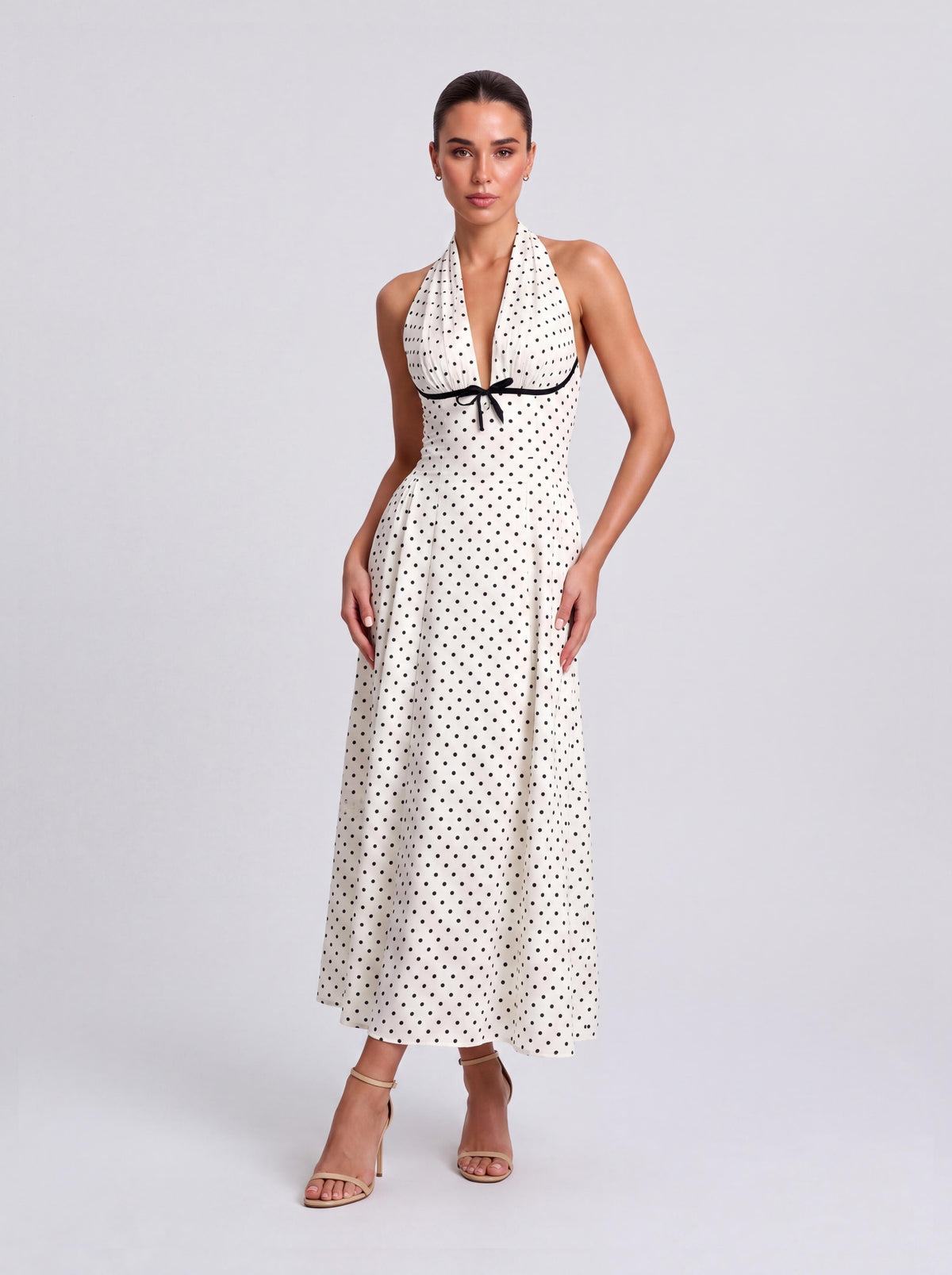 Vestido midi de férias vintage com padrão ondulado, bolinhas e decote em V profundo