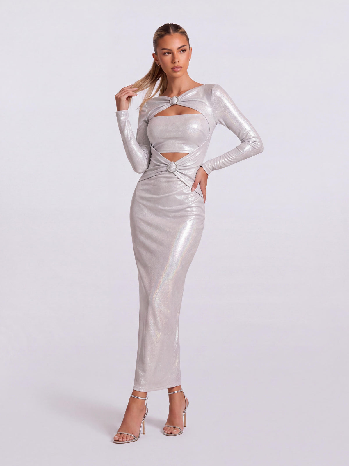 Bright-Face Ring Hollow-Out Long-Sleeved Slim-Fit Hip Mid-Length Dress