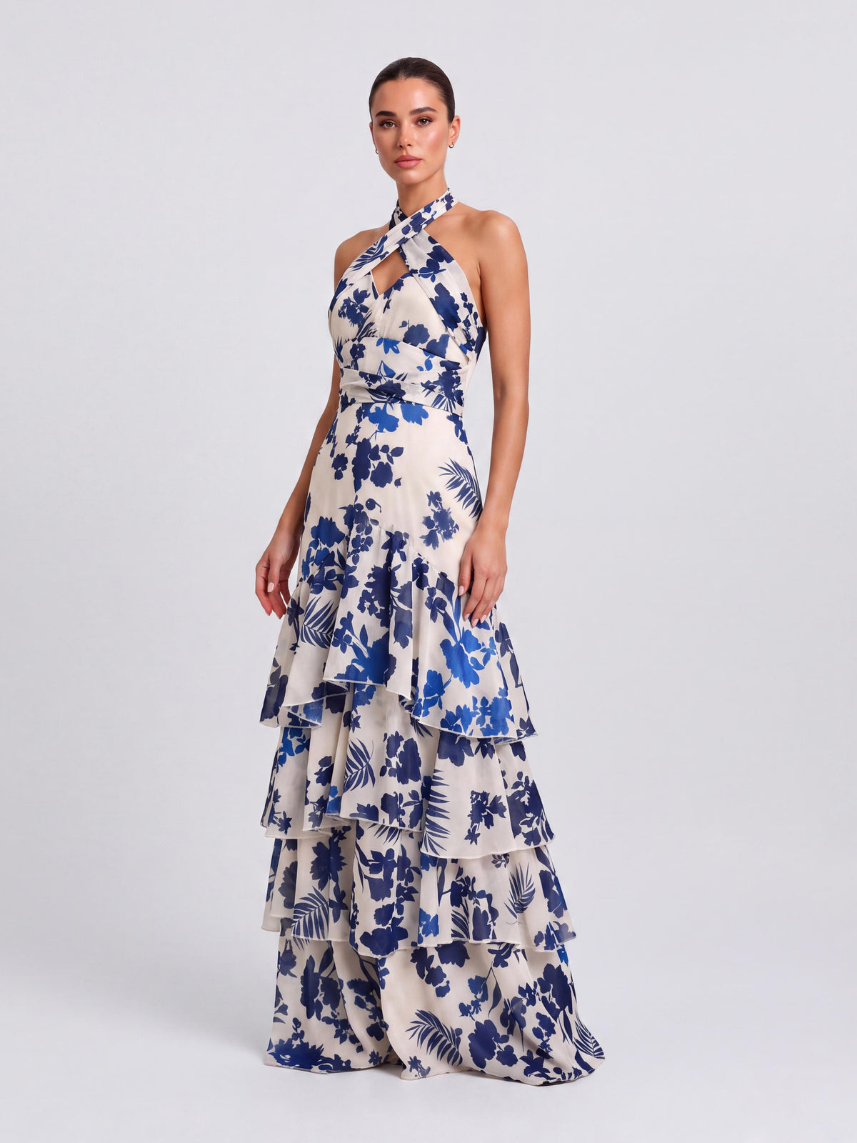 Cross-neck Blue And White Porcelain Printed Tie-waist Multi-layer Ruffled Split Long Dress